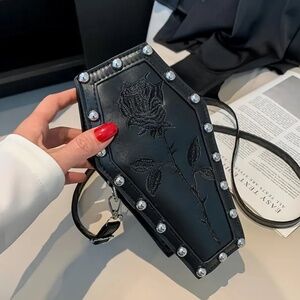 🎉Host Pick🎉 NWT! Pitch Black Coffin with Black Embroidered Rose on the Front!